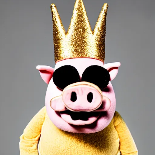 Prompt: studio photograph of a pig wearing a gold crown depicted as a muppet cooking