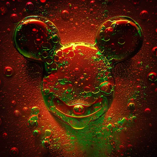 Image similar to counterfeit mickey mouse head, fractal, broken, DMT dystopia, wet, melting, fractured, mycelium, radiant alien, rococo, baroque, automotive, bio-mechanical, porcelain, iridescent, sub surface scattering, octane render
