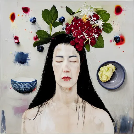 Prompt: “art in an Australian artist’s apartment, portrait of a woman wearing stained white cotton cloth, stained by fresh raspberries and strawberries and blueberries, white wax, edible flowers, Japanese pottery, Australian native white and red flowers ikebana, black walls, acrylic and spray paint and oilstick on canvas”