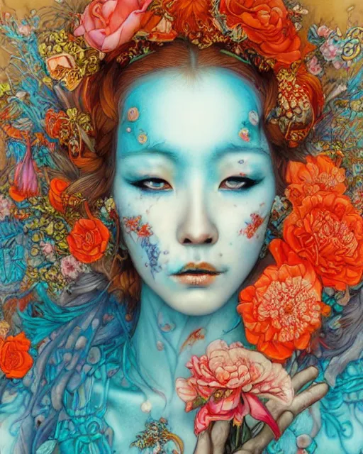 Prompt: beautiful portrait of zombie princess with flowers, cyan, orange and red color scheme, by Chie Yoshii, Jean James and Hans Zatzka, hyperfine detail, cgsociety