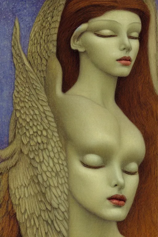 Image similar to a detailed painting of a beautiful mythical sphinx, beautiful woman face, mythical creature, lush garden, during night, magical mood, muted tones, symbolist painting, by fernand khnopff, jean delville, james jean, exquisite details, dark mood,