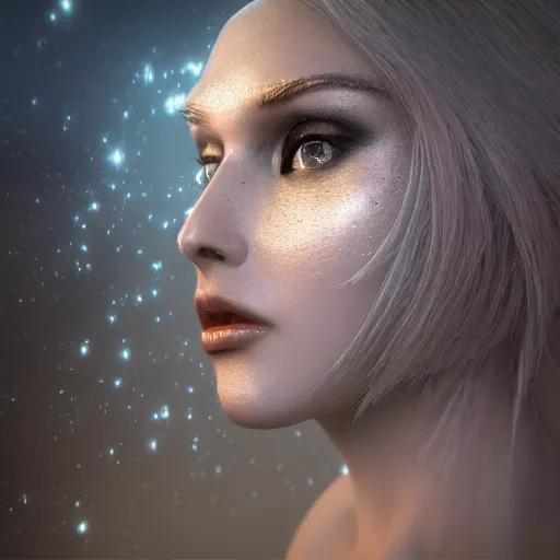 Image similar to beautiful pragmatic face, crystal, platinum, copper, biomechanoid with incredible iridescent pearlescent voluminous fiberoptic hair, crystalline masterpiece implants, hyperdetailed face, elegant pose, movie still, intricate, octane render, cinematic forest lighting, unreal engine, dieselpunk setting, crepuscular rays, god rays.