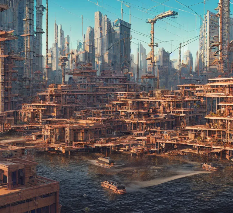 Image similar to hyperrealism photography hyperrealism concept art of highly detailed beavers builders that building highly detailed futuristic ( cyberpunk ) city by wes anderson and hasui kawase and scott listfield sci - fi style hyperrealism rendered in blender and octane render volumetric natural light