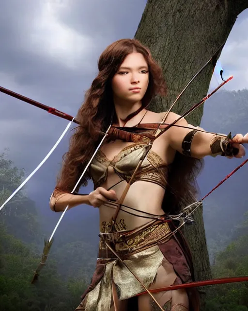 Image similar to very very realistic, photo of world, full body, women with a bow and arrow, female archer, warrior, realistic face