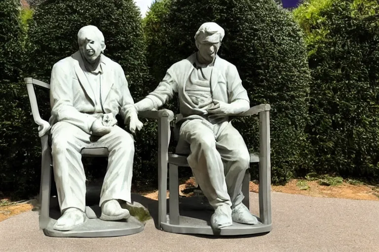 Image similar to a man who is sitting upright in a chair is touching a completed statue