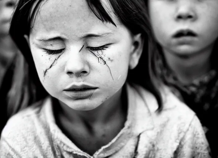 Prompt: high resolution black and white portrait with an 8 0 mm f / 1 2 lens of medium children with closed eyes focused on the soviet union era on the verge of tears.