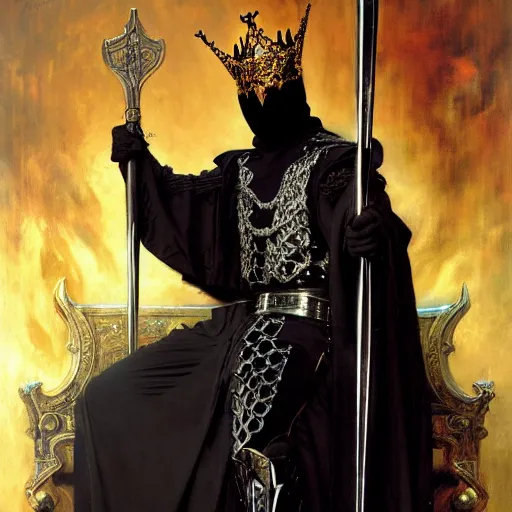 Prompt: full body portrait of masked king in black gothic robes sitting on a throne of swords, elegant, highly detailed painting by gaston bussiere, craig mullins, j. c. leyendecker, 8 k, mid shot