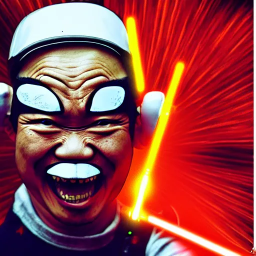 Image similar to crazy asian man in the style of star wars, film still