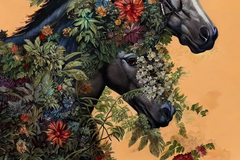 Image similar to a stunning horse made of plants by sandra chevrier and greg rutkowski, high key lighting, volumetric light, digital art, highly detailed, fine detail, intricate, ornate, complex, octane render, unreal engine, photorealistic