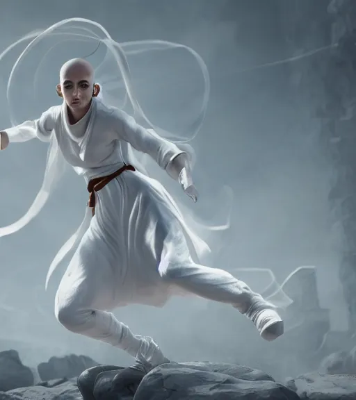 Image similar to a female monk dressed in white tapered clothes controlling the spirits around her, octane render, character art, fighting pose, action pose, digital art, trending on artstation, 8k, epic composition, highly detailed, sharp focus