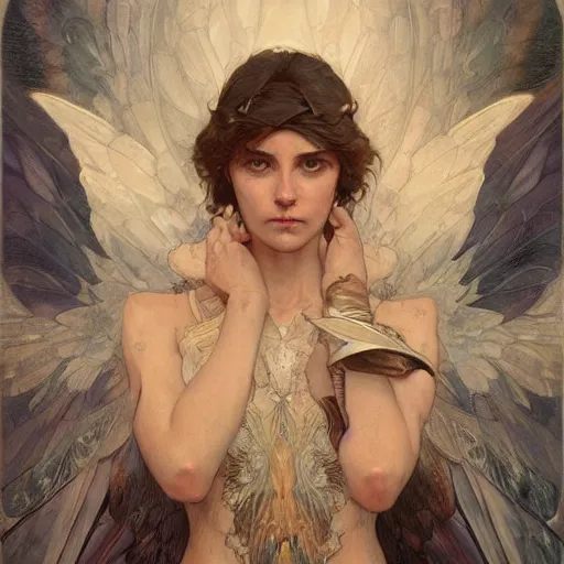 Prompt: portrait of a fallen angel with fading wings, intricate, headshot, highly detailed, digital painting, artstation, concept art, sharp focus, cinematic lighting, illustration, art by artgerm and greg rutkowski, alphonse mucha, cgsociety