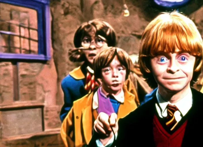 Prompt: film still of Harry potter as charlie in Willy Wonka's and the Chocolate Factory 1971