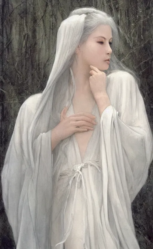 Prompt: angelic beauty with silver hair so pale and wan! and thin!?, flowing robes, covered in robes, lone pale asian white goddess, wearing robes of silver, flowing, pale skin, young cute face, covered!!, clothed!! lucien levy - dhurmer, jean deville, oil on canvas, 4 k resolution, aesthetic!, mystery