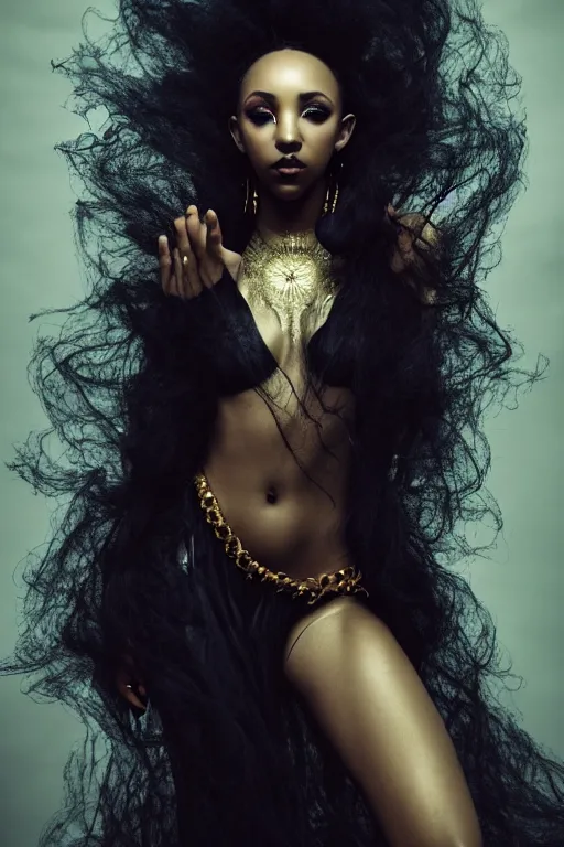 Prompt: photoshoot of tinashe as mysterious dark goddess of death, realism, clouds, swirling fabric, elaborate ornate growth, gilded relief, volumetric lighting, light shafts, ambient light, trending on artstation, by alessio albi