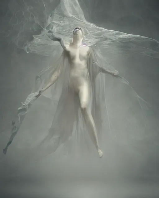 Prompt: mid shot render of an ethereal ghostlike figure fluid simulation in houdini dancing in dark smoke robes and silk veils by ilm, paolo roversi, nick knight, gill elvgren, beautiful futuristic simplified form distorted by turbulent movement, dark studio background, vivid depth, trending on artstation, hyperrealism, matte painting, dutch golden age, fine detail, cgsociety