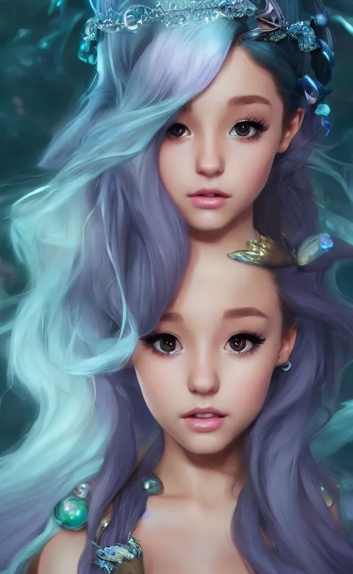 Image similar to ariana grande charming mermaid dreamlke with jewelry, character art, art by artgerm lau and kyoung hwan kim and and ilya kuvshinov and john singer sargent, hyperdetailed, 8 k realistic, symmetrical, frostbite 3 engine, cryengine, dof, trending on artstation, digital art