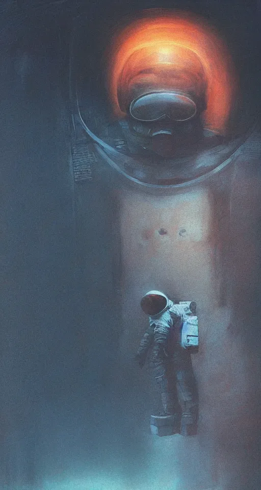 Prompt: Painting in a style of Beksinski featuring an astronaut, dramatic lighting, full face, very detailed, 8k, fog, portrait, movie scene, creepy