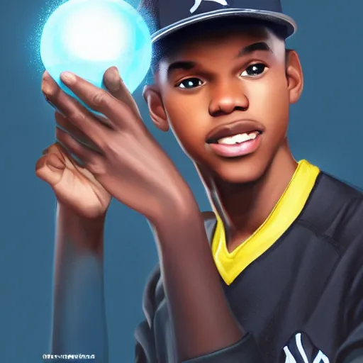 Prompt: black male teen wearing a yankees cap holding a glowing power orb. trending on artstation, octane render, ultra detailed, art by ross tran