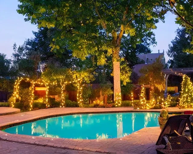 Prompt: a beautiful residential backyard with a pool, mature trees, and lots of shade lit by hanging strands of lights at night.