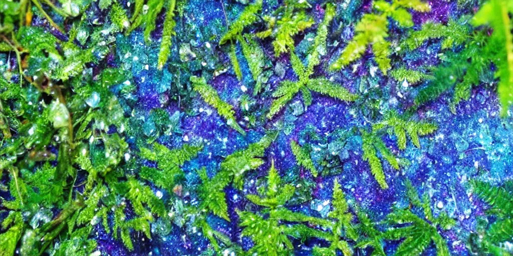 Image similar to close up dark green and blue ferns and moss, droplets of crystal clear water on the leaves, rays of sunlight coming through the clouds after rain, magical fairytale, sparkling particles, colorful dust, glitter shimmering in the light