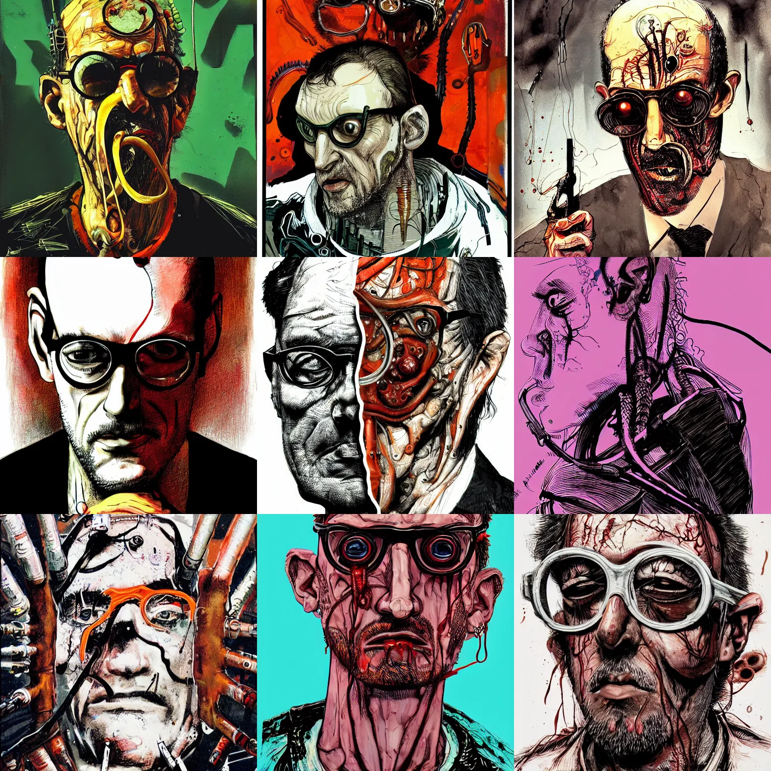 Prompt: Graphic Illustration, Creative Design, Gordon Freeman, Biopunk, Body Horror, Portrait, Character Design, by Ralph Steadman, Francis Bacon, Hunter S Thompson