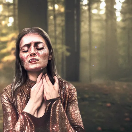 Image similar to a woman crying glittery tears in the woods, photorealistic, 8k, cinematic lighting