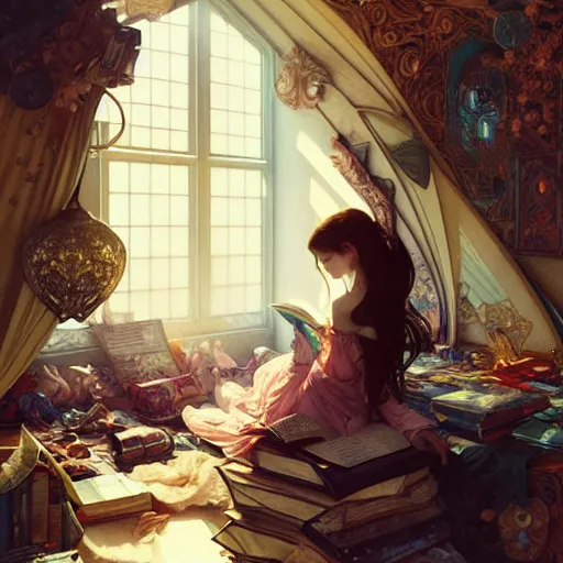 Prompt: Portrait of a girl in cluttered room, reading a book under the skylight, fantasy, intricate, elegant, highly detailed, digital painting, artstation, concept art, smooth, sharp focus, illustration, art by Krenz Cushart and Artem Demura and alphonse mucha