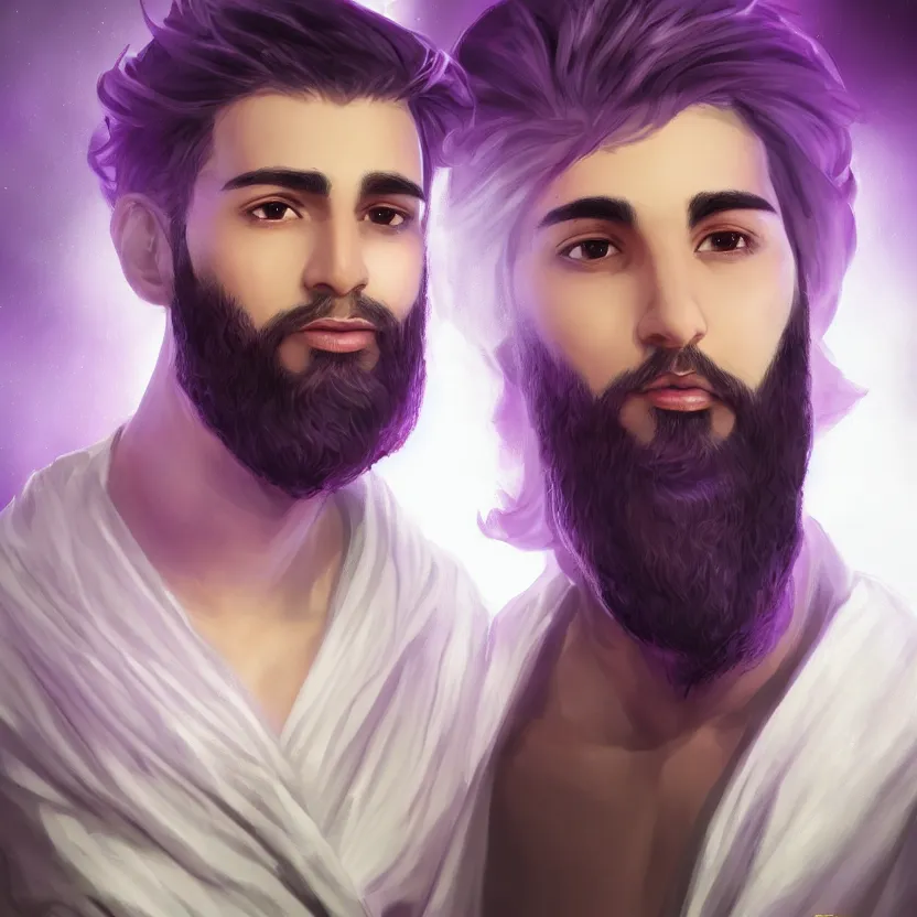 Image similar to Arabic male young adult with long beard and purple glimmering robes, hyperrealistic white lighting, treanding on artstationhq