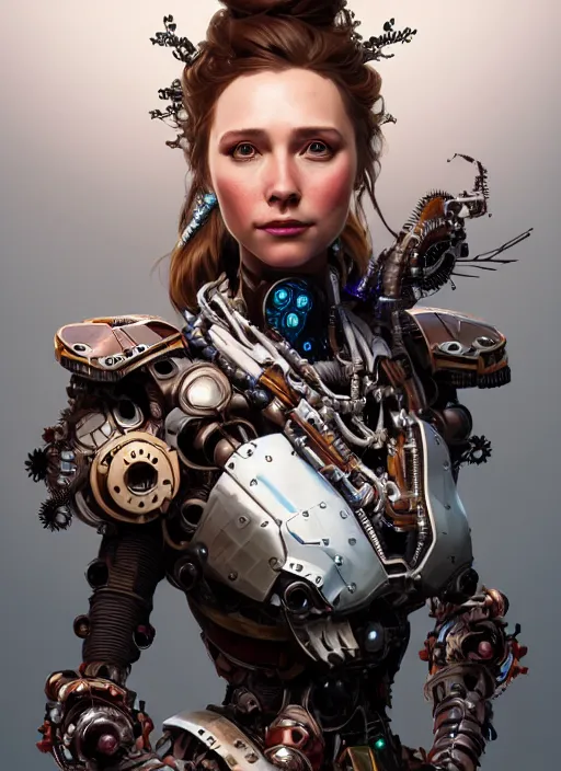 Prompt: portrait of elizabeth olson, robot steampunk, floral! horizon zero dawn machine, intricate, elegant, highly detailed, ray tracing, digital painting, artstation, concept art, smooth, sharp focus, illustration, art by artgerm and greg rutkowski and alphonse mucha, 8 k