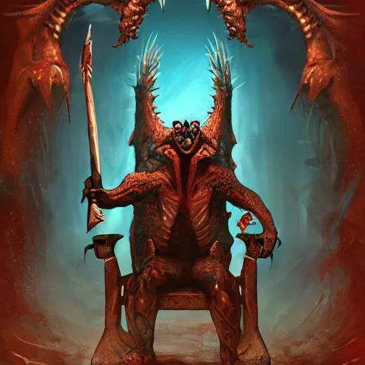 Prompt: half lizardhuman king on throne, fantasy punk, 8k