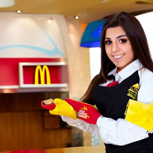 Prompt: 1 8 year old, mexican girl, brown hair brown eyes, in mcdonalds outfit, working, high quality, 8 k,