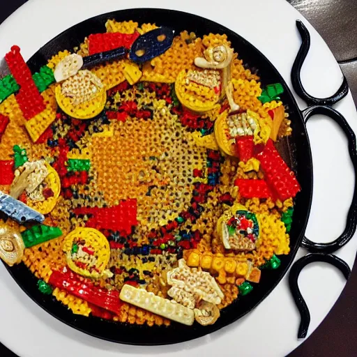 Prompt: a paella made with lego pieces.