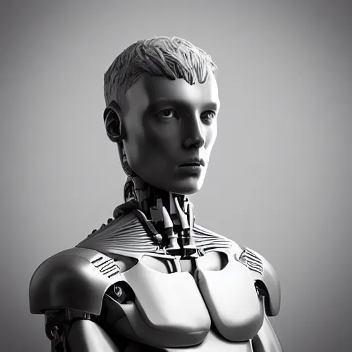 Image similar to “a realistic detailed photo of a guy who is an attractive humanoid who is half robot and half humanoid, who is a male android, twitch streamer and youtuber Ludwig Ahgren, shiny skin, posing like a statue, blank stare”