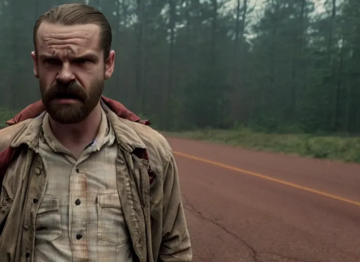 Prompt: film still of!!!!! frank farmer!!!!! as jim hopper in the upside down in stranger things, 4 k