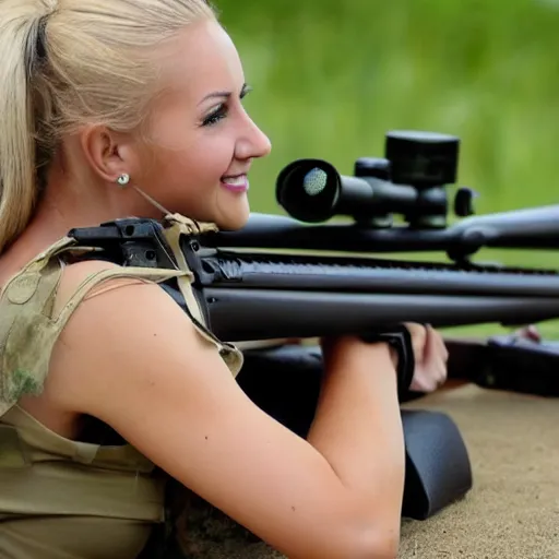 Prompt: closeup very beautiful blonde female sniper looking at l 9 6 a 1 with mischievous smile and happy eyes