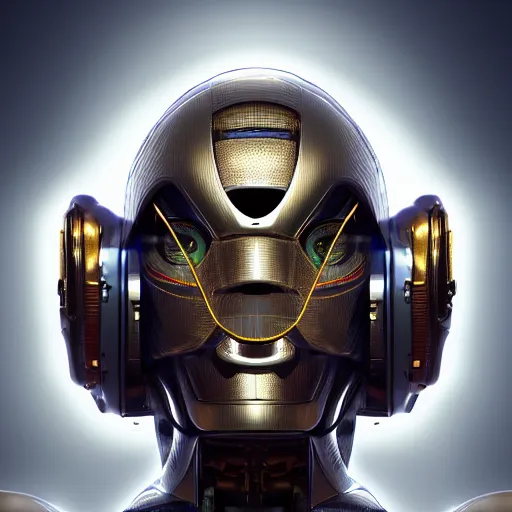 Image similar to centered portrait of a mechanical robot, sci fi character concept, science fiction, futuristic, medium shot, symmetrical face, elegant pose, illustration, slender, cinematic lighting, hyperdetailed, cgsociety, 8k, high resolution, single face, insanely detailed and intricate, octane render, golden ratio, vfx, postprocessing,