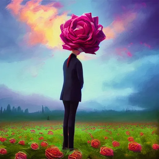 Image similar to portrait, giant rose flower head, girl in a suit, surreal photography, sunrise, blue sky, dramatic light, impressionist painting, digital painting, artstation, simon stalenhag