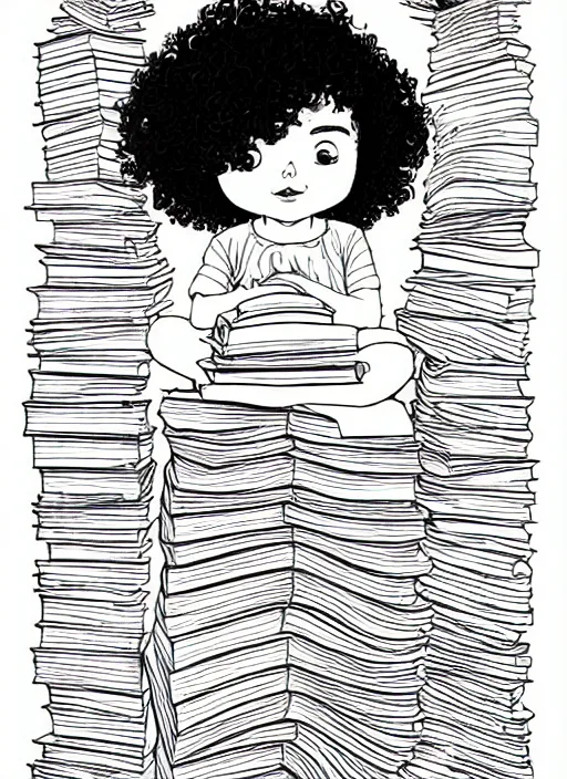 Image similar to clean simple line art of a little girl with wavy curly hair sitting on a tall pile of books. well composed, clean coloring book page, beautiful detailed face. coloring book line art by greg rutkowski and johanna basford