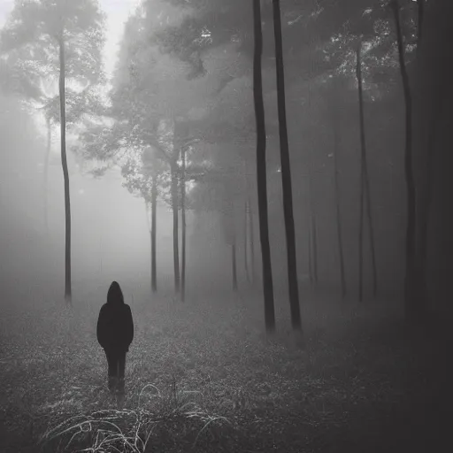 Image similar to deep misty forest with black hairy demon behind the tree, monochrome lomography