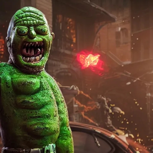 Prompt: pickle rick as superman in gears of war, splash art, movie still, detailed face, photorealistic facial features, cinematic lighting, dramatic, octane render, long lens, shallow depth of field, bokeh, anamorphic lens flare, 8 k, hyper detailed, 3 5 mm film grain