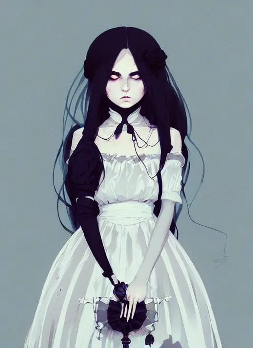 Prompt: highly detailed portrait of gothic lolita in a white dress, dark mood, by atey ghailan, by greg rutkowski, by greg tocchini, by james gilleard, by joe fenton, by kaethe butcher, gradient light blue, brown, blonde cream and white color scheme, grunge aesthetic