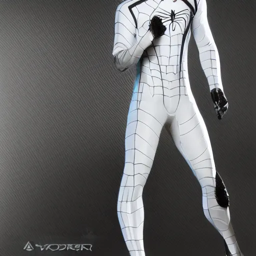 Image similar to white spider - man suit with black web lining, cinematic, volumetric lighting, realistic, hyperdetailed, photorealistic, photograph