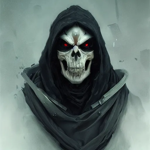 Image similar to dark fantasy character portrait of Reaper from Overwatch, wearing skull mask, dystopian mood, intricate, wild, highly detailed, digital painting, artstation, upper body, concept art, smooth, sharp focus, illustration, art by artgerm and greg rutkowski and alphonse mucha