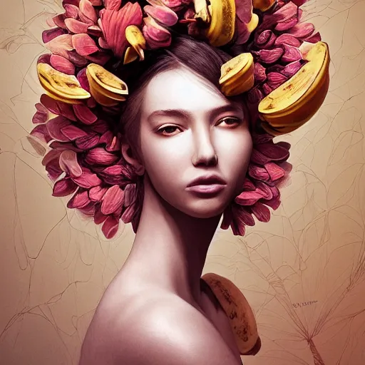 Image similar to the portrait of an absurdly beautiful, graceful, elegant young woman made of bananas and petals, an ultrafine detailed illustration by kim jung gi, irakli nadar, intricate linework, bright colors, final fantasy, angular, unreal engine 5 highly rendered, global illumination, radiant light, detailed and intricate environment