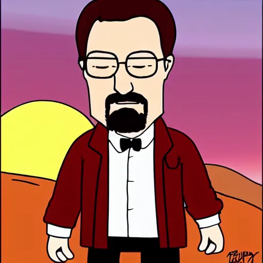 Image similar to Walter White in the style of family guy in a sunset scene