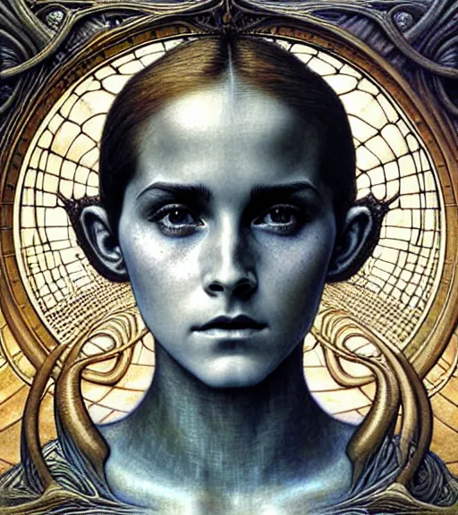 Image similar to detailed realistic beautiful young medieval alien robot emma watson face portrait by jean delville, gustave dore and marco mazzoni, art nouveau, symbolist, visionary, gothic, pre - raphaelite. horizontal symmetry by zdzisław beksinski, iris van herpen, raymond swanland and alphonse mucha. highly detailed, hyper - real, beautiful, fractal baroque