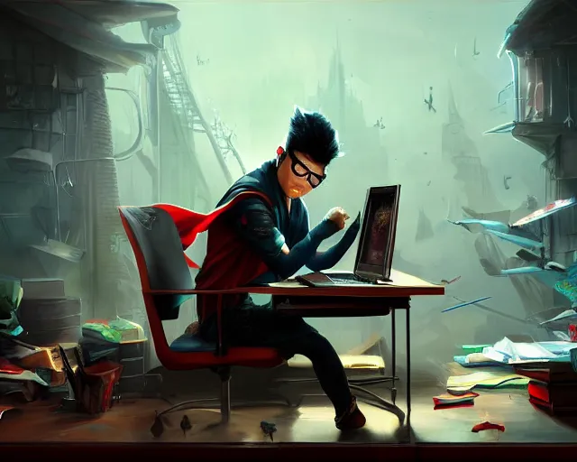 Image similar to an insanely detailed painting of a nerdy asian man wearing a superhero costume, sitting at a desk, staring at the nervously at the computer and typing, in the style of peter mohrbacher, dramatic lighting and composition, surreal background, octane render, pixar, trending on artstation, concept art, comic book, view from behind