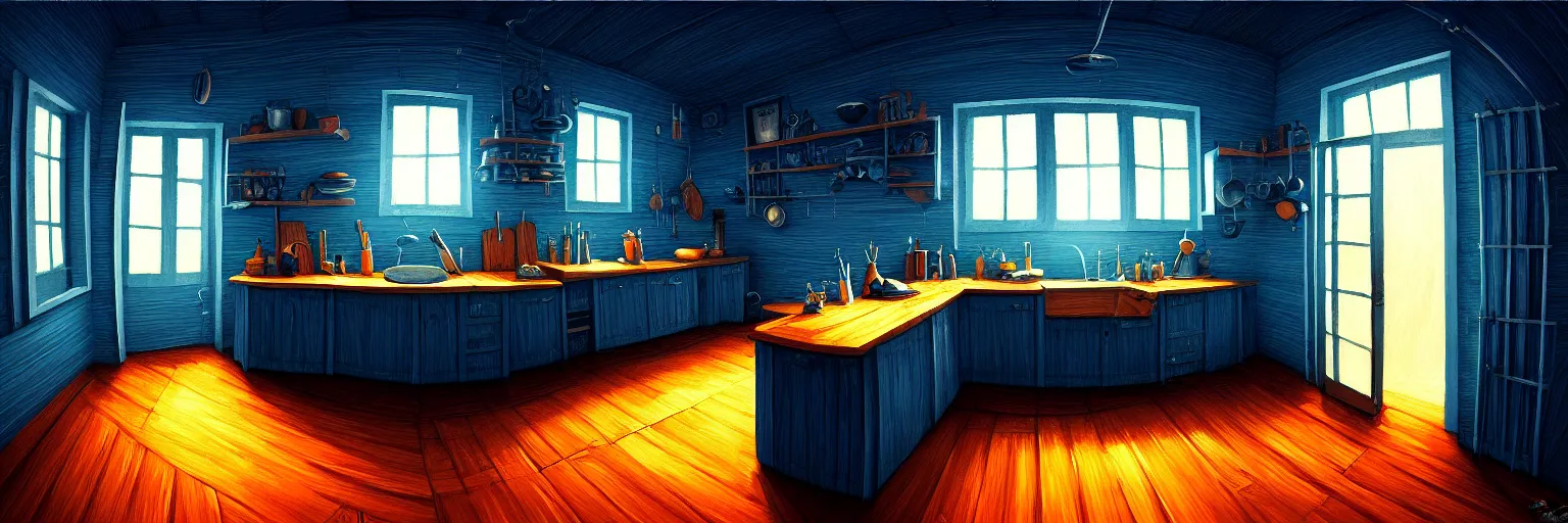 Prompt: fisheye spiral lines, naive, extra narrow, detailed illustration of a midnight kitchen, large floor, dimly lit by rhads, trending artstation, wood texture, dark blue tones