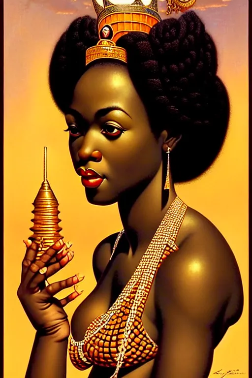 Image similar to an african goddess queen in a temple by gil elvgren and norman rockwell and rob gonsalves and hajime sorayama, hyperrealistic, high detail, ultra detailed, highly detailed face, feminine facial features