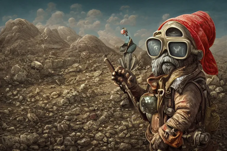 Prompt: a highly detailed forgotten garden gnome wearing goggles and head scarf surviving in a vast barren desert, hopeless wasteland background with a relentless raging sun overhead, post - apocalyptic road warrior vibe, full body, wide angle, an ultrafine detailed painting by joe fenton, trending on deviantart, pop surrealism, whimsical, lowbrow, perfect symmetrical face, sharp focus, octane, masterpiece